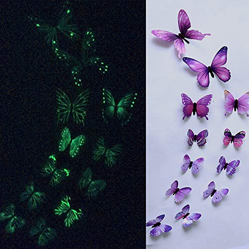 Colorful 12er-Set 3D Schmetterling Aufkleber Leuchten im Dunkeln Wandsticker Wandtattoo Wanddeko für Wohnung, Raumdekoration (Lila) von Colorful Home Deco