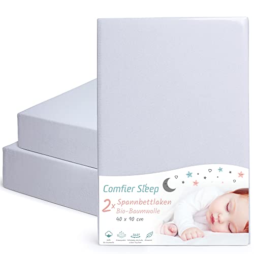 Spannbettlaken 40x90 Baby aus 100% komplett natürlicher Bio-Baumwolle Spannbettlaken 40x90 in Grauer Farbe 2er-Set Ultraweich und Bequem für Ihr Baby von Comfier Sleep