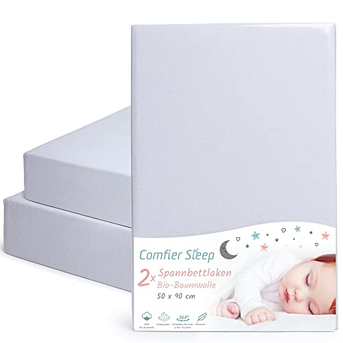 Spannbettlaken 90x50 aus 100% komplett natürlicher Bio-Baumwolle Fabimax Spannbettlaken 90x50 in Grauer Farbe 2er-Set Ultraweich und Bequem für Ihr Baby von Comfier Sleep