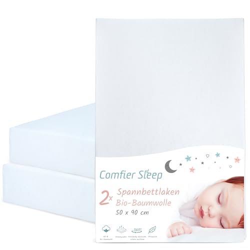 Spannbettlaken Beistellbett aus 100% komplett natürlicher Bio-Baumwolle Spannbettlaken 50x90 in Weiss Farbe 2er-Set Ultraweich und Bequem für Ihr Baby passend für die Meisten Beistellbett von Comfier Sleep