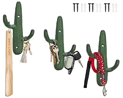 Comfify 3er-Set - Gusseiserne Kaktus-Doppelwandhaken/Bügel - Dekorative Wandhaken für Mäntel, Taschen, Handtücher und mehr - mit Schrauben und Ankern - Farbe rustikal grün von Comfify