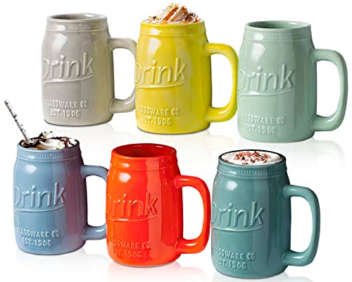 Set von 6 neuen Tassen mit Henkel - Keramik, mehrfarbig Tassen für Kaffee, Tee und mehr - geprägt "Drink" dekorative Becher für Bier - Bauernhaus Küche Dekor von Comfify