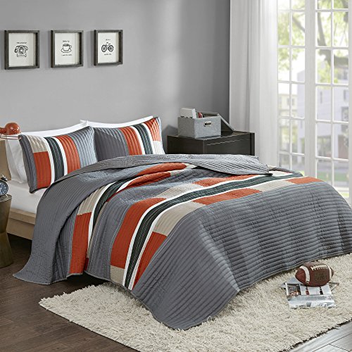 Comfort Spaces 2 Piece Quilt Coverlet Bedspread All Season Lightweight Hypoallergenic Pipeline Colorblock Kids Bedding Set, Twin/Twin XL, Pierre Grey Orange Stripe von Comfort Spaces