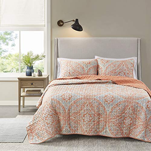 Comfort Spaces Reversible Quilt Set-Double Sided Vermicelli Stitching Design All Season, Lightweight, Coverlet Bedspread Bedding, Matching Shams, Full/Queen(90"x90"), Gloria, Damask Coral 3 Piece von Comfort Spaces