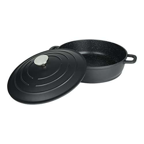 Commichef Flache Kasserolle, Auflaufform, Schwarz, Aluminiumguss, Mit Deckel, 28cm Durchmesser, 4,5 Liter Fassungsvermögen, Geeignet für Backöfen und Kochfelder, XR-L28BK von Commichef