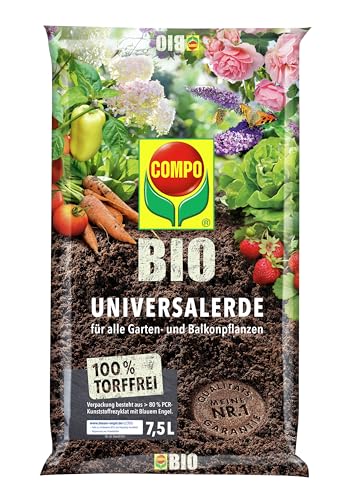 COMPO BIO Universal-Erde für Zimmerpflanzen, Ideal auch als Gemüseerde, für Obst und als Kräutererde, Torffrei, Kultursubstrat, 7,5 Liter, Braun von Compo