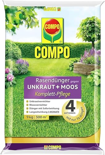 COMPO Rasendünger gegen Moos und Unkraut - 3 Monate Langzeitwirkung - 9 kg / 300m² von Compo