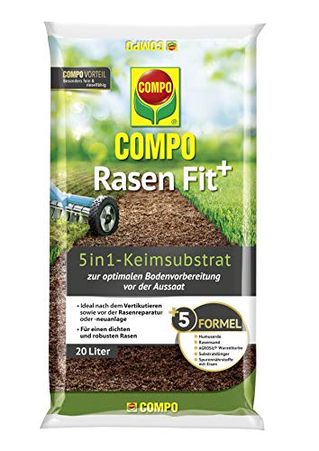 COMPO Rasen Fit+, 5 in 1 Keimsubstrat, Für die Bodenverbesserung oder nach dem Vertikutieren, 20 Liter, 10 m² Grün von Compo