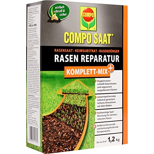 COMPO SAAT Rasen Reparatur Komplett-Mix+, Rasensamen / Grassamen, Keimsubstrat, Langzeit-Rasendünger und Bodenaktivator, 1,2 kg (6 m²) von Compo
