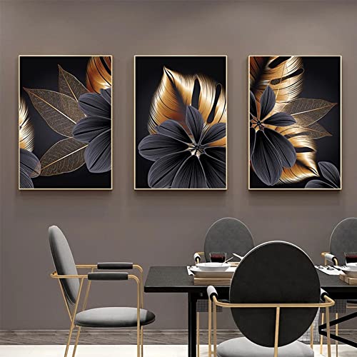 3PCS Wall Art Prints Set, Abstract Black Gold Plant Leaf Canvas Art Wall Decor, Wall Art Canvas Prints for Living Room Bedroom Home Decoration (40x50cm(15.7x17.9inch)) von ConBlom