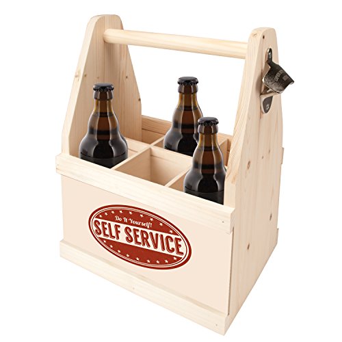 contento Bierflaschenträger mit Flaschenöffner, Holz Natur, 26 x 17 x 34 cm von contento