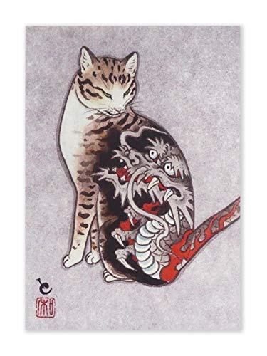 CoolChange Japanisches Katzen Wandbild im Ukiyo e Stil | Katzen Wandbild auf Hartschaumplatte | Poster 30x42cm | Motiv: Katze mit Tattoo von CoolChange
