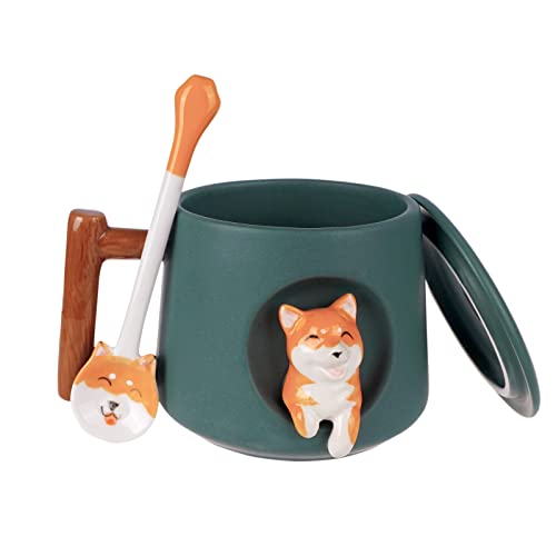 Süße Shiba Inu Tasse mit Deckel & Löffel | Hunde Kaffeetasse | Steinzeug | 380ml | Farbe: Teal Green von CoolChange