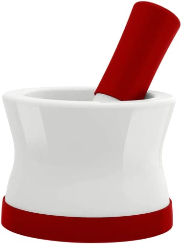 EZ-Grip Mörser und Stößel aus rotem Silikon und Porzellan mit rutschfester abnehmbarer Silikonbasis Neues Design Spülmaschinenfest durch kühlere Küche von Cooler Kitchen