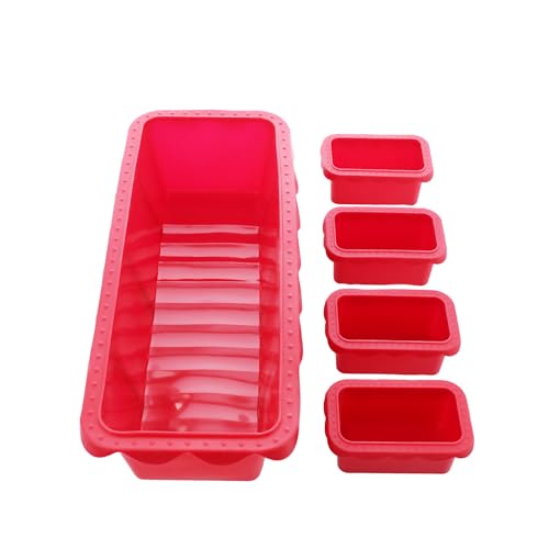 Coolinato 5er Set Silikon Kastenformen rechteckig, rot, 1x 31x13 cm und 4x 9x5,5 cm Silikonformen zum Backen von großen und kleinen Kuchen, inkl. 4 Rezepten von Coolinato