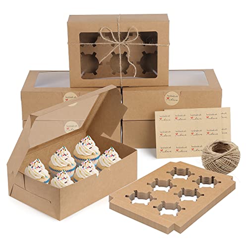 Coolty 20 Stück Cupcake Boxen 6 Löcher Karton Verpackung Boxen Bäckerei Gebäck Boxen mit Fenster und Einsätze für Cookies Muffins Cupcakes Desserts Torten (Braun) von Coolty