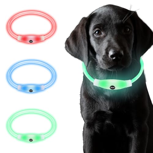 Coolzon LED Leuchthalsband Halsband Aufladbar, Wasserdicht 3 Farbwechsel , Leuchtband Längenverstellbareres Super Helle Kalsband Katze und Hunde Klein Groß Mittel von Coolzon