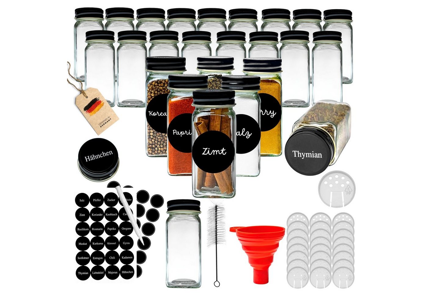 Coradoma Gewürzbehälter Gewürzgläser Set Eckig inkl. Etiketten - Glasbehälter Vorratsdosen, Glas, (24-tlg), mit Reinigungsbürste, Trichter zum Befüllen, Gewürzetiketten von Coradoma