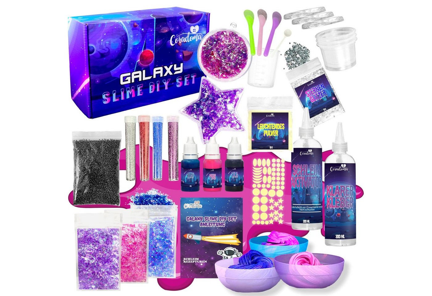 Coradoma Kreativset Galaxy Slime Kit DIY mit Glow in the dark Pulver Galaxie Schleim von Coradoma