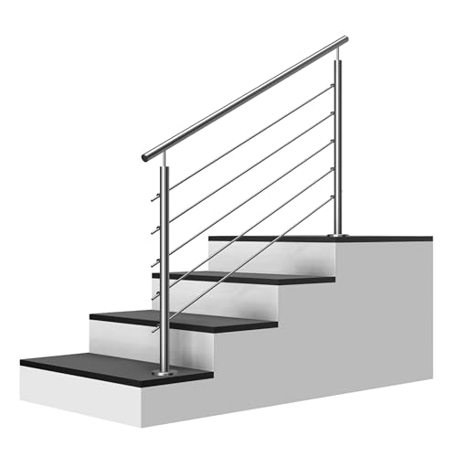 Edelstahl Treppengeländer Aufmontage, 1,8m lang, 0,9m hoch, Außengeländer, je 2 Pfosten + 5 Querstreben + Handlauf mit Trägerplatten + Zubehör, Winkelverstellbar (L:1800mm H:900mm) von Cosch Edelstahl