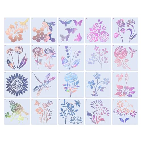 20 Stück Blumen und Pflanzen Zum Malen für Kinder Wiederverwendbare Schmetterling Libelle, Sonnenblume Schablone Set für DIY Sammelalben, Malen Auf Holz, Wand von Cosswe