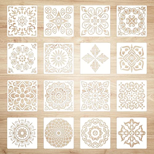 Mandala Schablonen Kunst Set, 16 Stück wiederverwendbare Laserschnitt Malschablonen für Wand Möbel Boden Fenster Steine Stoff Fliesenmalerei und Scrapbook von Cosswe