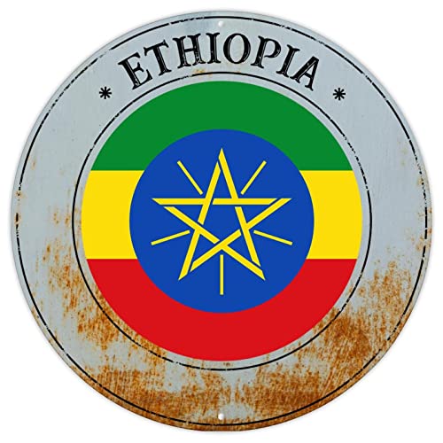 Äthiopien-Flagge Metallschild Äthiopien Land Souvenir Geschenk Retro Vintage Kunst Wandschild Nationalflagge Rund Willkommensschild Qualität Metallschild für Kinderzimmer Wohnzimmer 30,5 x 30,5 cm von CowkissSign