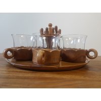 Vintage Teak Tee-Set Mit Holztablett, Sechs Tassen Und Aperitif-sticks, C.1960Er Jahre von CozycatVintageShop
