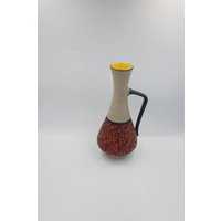 Westdeutsche Vase Mit Griff Und Rot-Schwarzer Musterung Gelber Innenglasur, C.1950Er Jahre von CozycatVintageShop