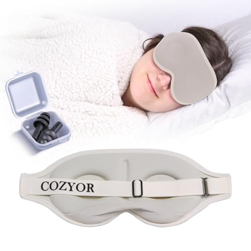 Schlafmaske mit 3D Polster 100% dunkel für Seitenschläfer mit Silkon Ohrstöpseln Augenmaske weich für Flugzeug, beige Driftwood, Schlafbrille mit verstellbarem Gummiband für Erwachsene & Kinder von Cozyor