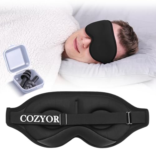 Schlafmaske mit 3D Polster 100% dunkel für Seitenschläfer mit Silkon Ohrstöpseln Augenmaske weich für Flugzeug, schwarz Eclipse, Schlafbrille mit verstellbarem Gummiband für Erwachsene & Kinder von Cozyor