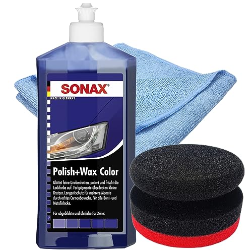 Craft-Equip Politur-Set bestehend aus einer SONAX 500ml Polish+Wax Color BLAU + Craft-Equip Ø90mm Polierpuck ROT + Craft-Equip Microfasertuch BLAU von Craft-Equip