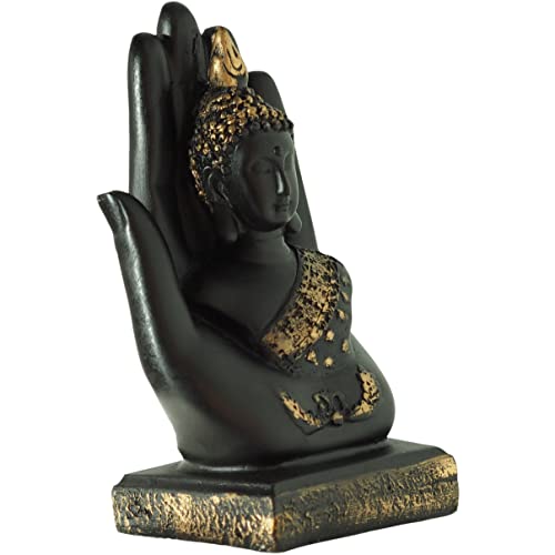Craft&Style Buddha Büste in Hand aus hochwertigem und massivem Kunstharz schwarz Gold 20cm von Craft&Style
