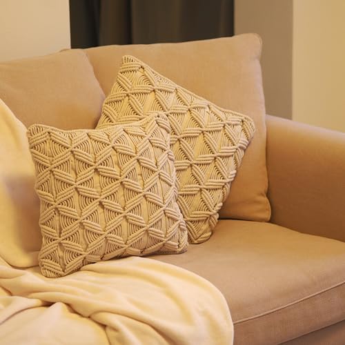 Craft&Style "Euphrat 2er Set Makramee Kissenbezüge Kissenhüllen für Dekokissen Sofakissen Couchkissen aus 100% Baumwolle beige mit verdecktem Reißverschluss auf Rückseite 40x40cm Boho Deko von Craft&Style