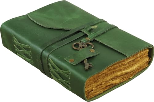 Craft&Style Tagebuch Gästebuch Notizbuch Sprüchebuch Skizzenbuch im Ledereinband und pergamentartigem Papier mit Schlüssel als Lesezeichen in Grün von Craft&Style