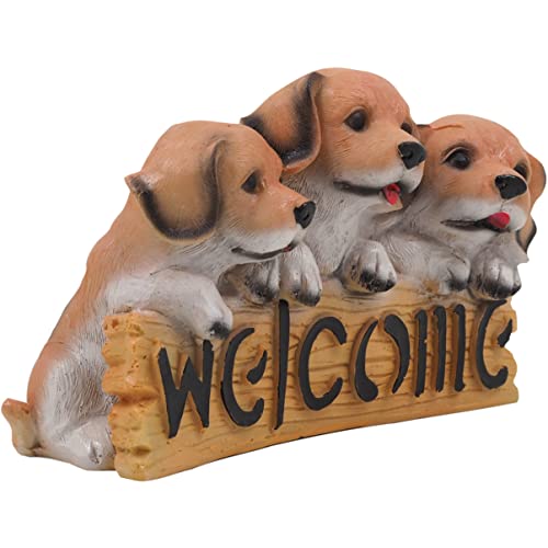 Craft&Style Welcome Skulptur Figur Schild Schriftzug mit Hundewelpen aus robusten und massivem Kunstharz von Hand bemalt von Craft&Style