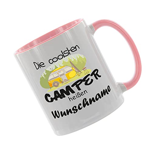 Crealuxe Kaffeetasse - Die Coolsten Camper heißen (Wunschname) - Spruchtasse, Bürotasse, bedruckte Keramiktasse, Tasse mit Spruch, Hochwertige Kaffeetasse, Tasse personalisiert (Rosa) von Crealuxe