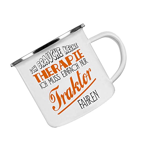 Crealuxe Emaille Tasse Ich brauche keine Therapie ich muss einfach nur Traktor fahren - Kaffeetasse mit Motiv, Campingtasse, bedruckte Emailletasse mit Wunschtext von Crealuxe