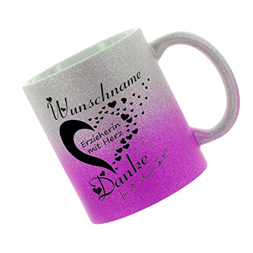 Crealuxe Farbverlauf-Glitzertasse (silber-purple) Wunschname -Erzieherin mit Herz - Danke - Glitzertasse mit Farbverlauf - Kaffeetasse von Crealuxe