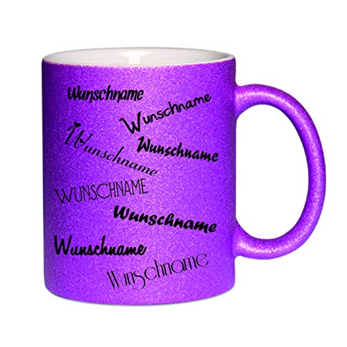 Glitzertasse (Purple) " Wunschname " - Kaffeetasse, bedruckte Tasse mit Sprüchen oder Bildern, Bürotasse, von Crealuxe