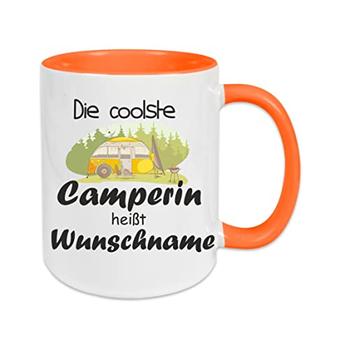 Crealuxe Kaffeetasse - Die Coolste Camperin heißt (Wunschname) -Spruchtasse, Bürotasse, bedruckte Keramiktasse, Tasse mit Spruch, Hochwertige Kaffeetasse, Tasse personalisiert (Orange) von Crealuxe