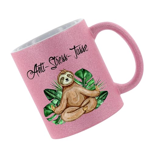 Glitzertasse (Pink) Anti Stress Tasse Faultier - Kaffeetasse, bedruckte Tasse mit Sprüchen oder Bildern, Bürotasse, von Crealuxe
