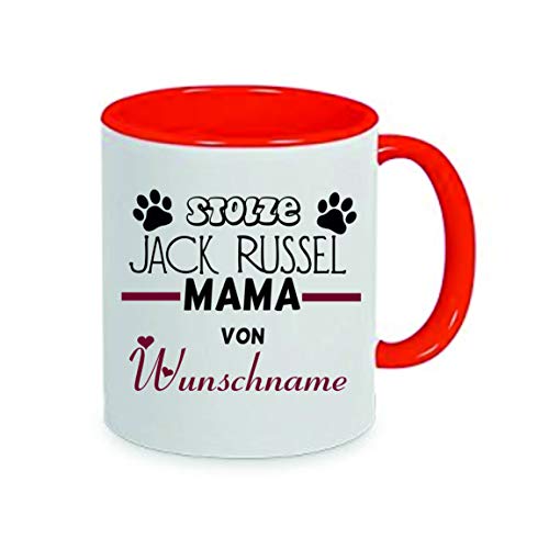 "Stolze Jack Russell Mama von (Wunschname)" Kaffeetasse mit Motiv, Tasse mit Druck, auch individuell mit Spruch, Foto, Wunschtext, Wunschname (Rot) von Crealuxe