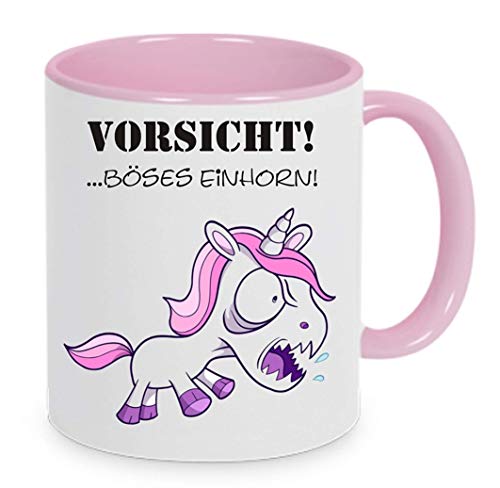 Vorsicht! Böses Einhorn - Kaffeetasse mit Motiv, Tasse mit Druck, auch individuell mit Spruch, Foto, Wunschtext, Wunschname (Rosa) von Crealuxe