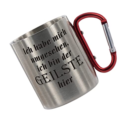 CreaLuxe Edelstahltasse mit Karabiner 'Ich Habe Mich umgesehen.' Tasse bedruckt, Kaffeetasse, Bürotasse, Metalltasse mit Name von Creativ Deluxe