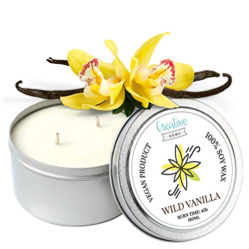 Creative Home Wilder Vanille Sojawachs Duftkerze | 45 Stunden Brenndauer | 100% Vegan in Dose | 180 ml Bio Aromatische Kerzen | Geschenke Duftkerzen | Entspannungs Deko oder Candle Geschenk von Creative Home