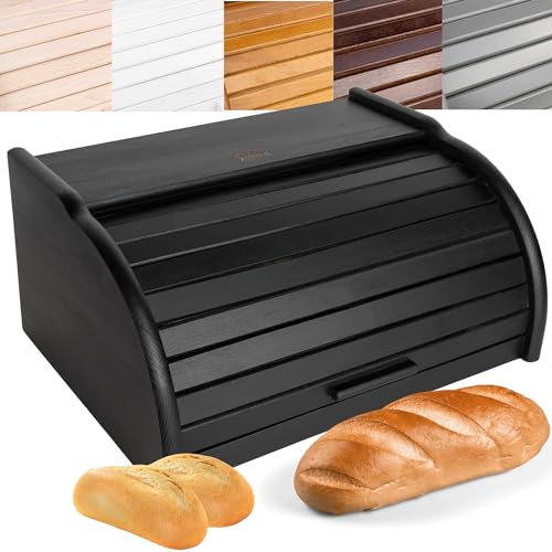 Creative Home Schwarz Brotkasten Holz | 38 x 28,5 x 17,5cm (+/-1cm) | Perfekte BrotBox für Brot Brötchen Kuchen | Brotkiste mit Roll-Deckel | Natürliche Brot-Kiste | Brotbehälter für Jede Küche von Creative Home