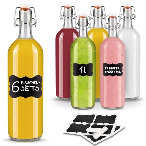 Creative Home 6 Glasflaschen Bügelverschluss mit Gummiring | Bügelflaschen 1 Liter | 8 Wiederverwendbare Aufkleber, 1 Anti-Staub-Kreide | Flaschen 1l Bügelflasche zum Befüllen Likörflaschen von Creative Home