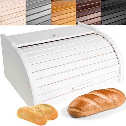 Creative Home Weiß Brotkasten Holz | 38 x 28,5 x 17,5cm (+/-1cm) | Perfekte BrotBox für Brot Brötchen Kuchen | Brotkiste mit Roll-Deckel | Natürliche Brot-Kiste | Brotbehälter für Jede Küche von Creative Home