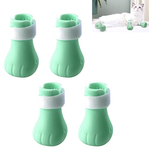 Creperture 4 Stück Silikon Katzenschuhe Katze Anti-Scratch Stiefel Silikon Einstellbare Katze Pfotenschutz Fuß Abdeckung für Katzen Baden Rasieren Karieren, Grün von Creperture